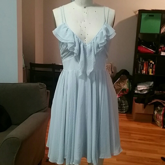 Guess Dresses & Skirts - Guess Blue/White Stripe Dress with Ruffle Neckline